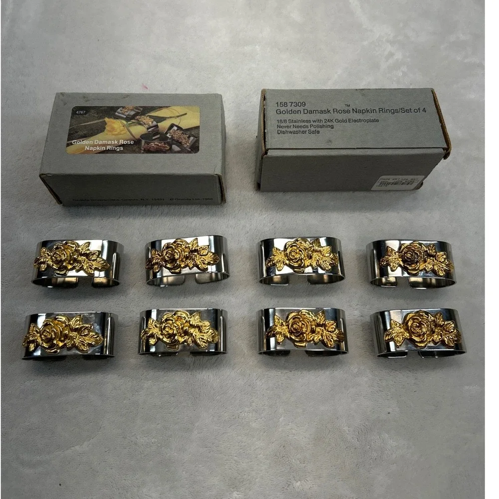 Oneida Golden Damask Rose Napkin Rings 8pcs Silver Gold 18/8 Stainless Steel NOS